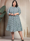 Plus Size Green Floral Printed Short Sleeve Round Neck Midi Dress
