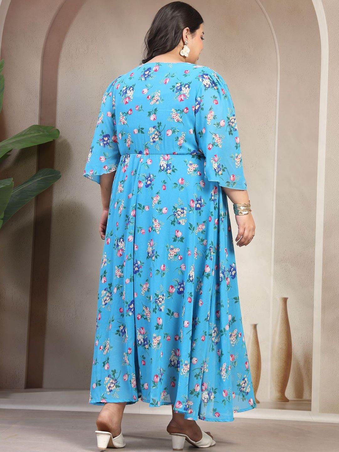 Plus Size Floral Print Flared Sleeve Fit & Flare Maxi Dress