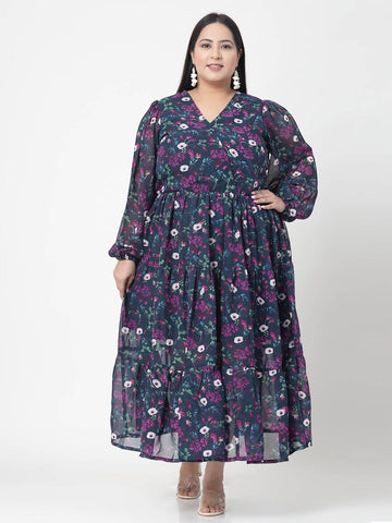 Plus Size  Navy Blue, Pink & White Floral Printed Puff Sleeves Fit & Flare Maxi Dress