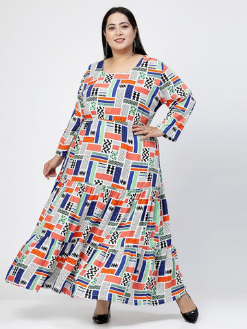 Plus Size Round Neck Long Sleeves Geometric Print Maxi  Dress
