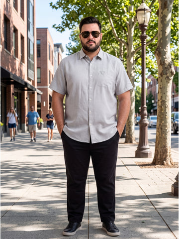 Plus Size Men's Grey Solid Lightweight Pure Linen Short Sleeve Button-Down Casual Shirt | Sizes XXL to 8XL