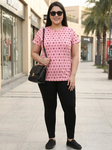Plus Size Women's Pure Cotton Pink Ethnic Motifs Print Round Neck Short Sleeve T-Shirt | Sizes: 3XL to 8XL