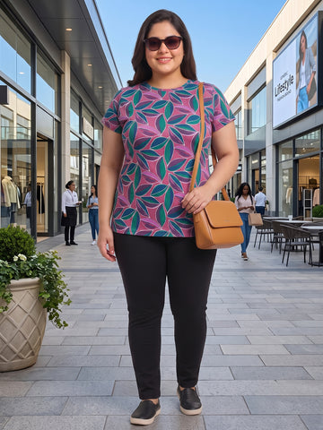 Plus Size Women's Pure Cotton Purple Floral Print Round Neck Short Sleeve T-Shirt | Sizes: 3XL to 8XL