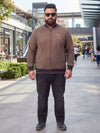 Plus Size Men's Brown Contrast Collar Faux Suede with Chest Script Print & Contrast Ribbed Trim Bomber Jacket  | Sizes 3XL to 8XL