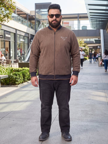 Plus Size Men's Brown Contrast Collar Faux Suede with Chest Script Print & Contrast Ribbed Trim Bomber Jacket  | Sizes 3XL to 8XL
