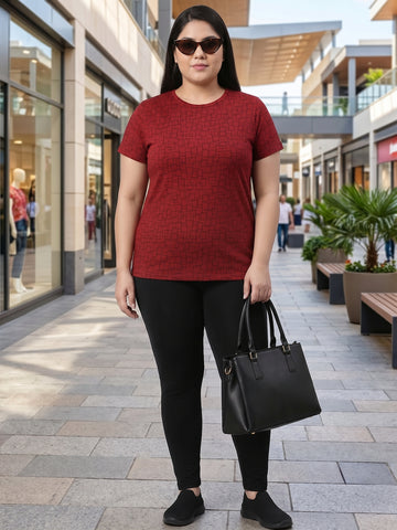 Plus Size Women's Pure Cotton Red Geometric Print Round Neck Short Sleeve T-Shirt | Sizes: 3XL to 8XL