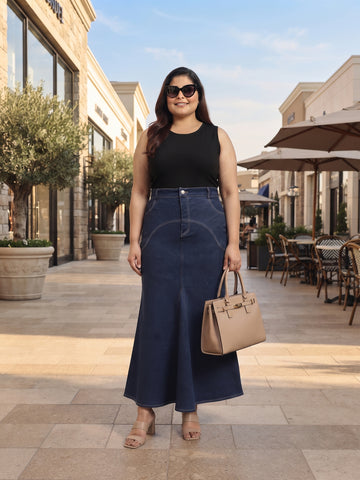 Plus Size Women's Solid Blue Soft Denim High-Waist Mermaid Maxi Skirt | Sizes 3XL to 8XL