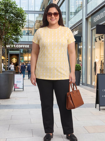 Plus Size Women's Pure Cotton Yellow Geometric Print Round Neck Short Sleeve T-Shirt | Sizes: 3XL to 8XL
