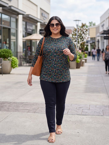 Plus Size Women's Black Printed Round Neck 3/4 Sleeve Printed T-Shirt | Sizes 3XL to 8XL