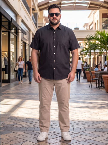 Plus Size Men's Black Solid Lightweight Pure Linen Short Sleeve Button-Down Casual Shirt | Sizes XXL to 8XL