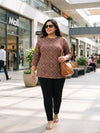 Plus Size Women's Brown Printed Round Neck 3/4 Sleeve Printed T-Shirt | Sizes 3XL to 8XL