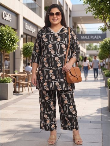 Plus Size Women's Black Ethnic Floral Printed Co-Ord Set | V-Neck, 3/4th Sleeves Crepe Tunic & Pants Set 3XL to 8XL