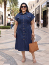 Plus Size Women's Solid Blue Denim Button-Down Short Sleeve Cuffed Midi Dress | Sizes 3XL to 8XL