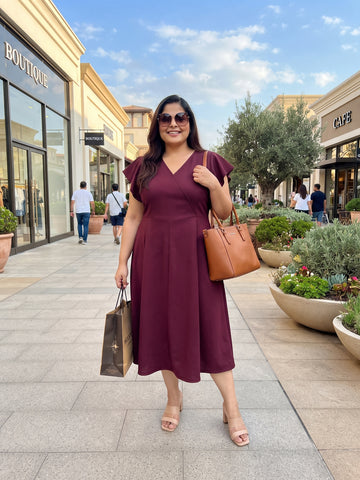 Plus Size Women Soft Fabric V-Neck Flutter Sleeve A-Line Midi Dress | Sizes 3XL to 8XL