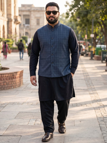 Plus Size Men's Mandarin Collar Checked Acrylic Sleeveless Nehru Jacket | Sizes 3XL to 8XL