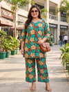 Plus Size Women's Ethnic Floral Printed Co-Ord Set | V-Neck, 3/4th Sleeves Crepe Tunic & Pants Set 3XL to 8XL