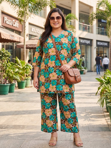 Plus Size Women's Ethnic Floral Printed Co-Ord Set | V-Neck, 3/4th Sleeves Crepe Tunic & Pants Set 3XL to 8XL