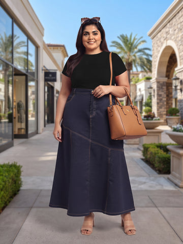 Plus Size Women's Black Denim Paneled Midi Trumpet Skirt with Contrast Seam Detail | Sizes 3XL-8XL