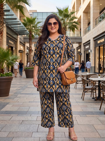 Plus Size Women's Floral Printed Co-Ord Set | V-Neck, 3/4th Sleeves Crepe Tunic & Pants Set 3XL to 8XL