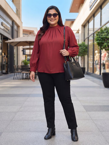 Plus Size Women's High Neck Pleated Full Sleeve Soft Crepe Casual Top Sizes  3XL to 8XL