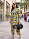 Plus Size Women's Ethnic Floral Printed Co-Ord Set | V-Neck, 3/4th Sleeves Crepe Tunic & Pants Set 3XL to 8XL