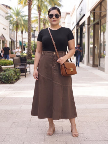 Plus Size Women's Black Denim Paneled Midi Trumpet Skirt with Contrast Seam Detail | Sizes 3XL-8XL