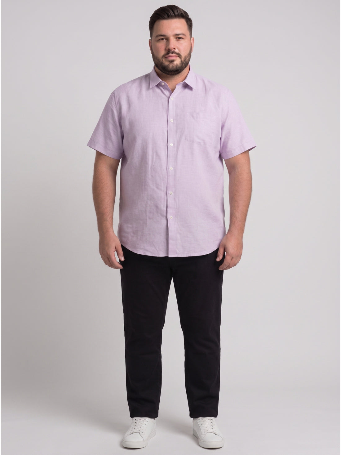Plus Size Men's Purple Solid Lightweight Pure Linen Short Sleeve Button-Down Casual Shirt | Sizes XXL to 8XL