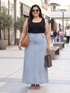 Plus Size Women's Solid Blue A-Line Flap-Pocket Panel Denim Maxi Skirt | Sizes 3XL to 8XL