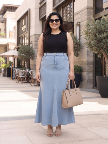 Plus Size Women's Solid Blue Soft Denim High-Waist Mermaid Maxi Skirt | Sizes 3XL to 8XL