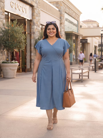 Plus Size Women Soft Fabric V-Neck Flutter Sleeve A-Line Midi Dress | Sizes 3XL to 8XL