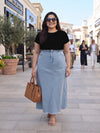Plus Size Women's Solid Blue Frill Waist & Fringed Hem Raw-Edge Denim Maxi Skirt | Sizes 3XL to 8XL