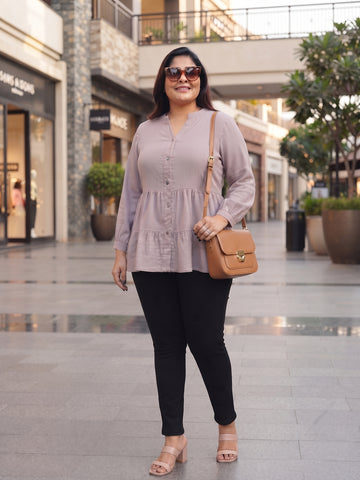 Plus Size Women's Pure Cotton V-Neck 3/4 Sleeves Tiered Button-Down Top | Sizes 3XL TO 8XL
