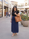 Plus Size Women's Solid Blue Frill Waist & Fringed Hem Raw-Edge Denim Maxi Skirt | Sizes 3XL to 8XL