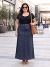 Plus Size Women's Solid Blue A-Line Flap-Pocket Panel Denim Maxi Skirt | Sizes 3XL to 8XL