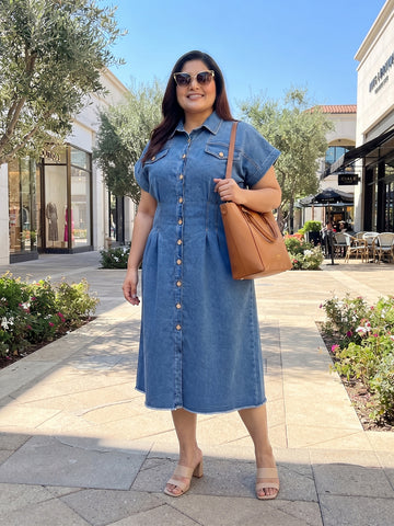 Plus Size Women's Solid Blue Denim Button-Down Short Sleeve Cuffed Midi Dress | Sizes 3XL to 8XL