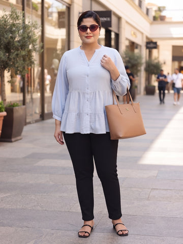 Plus Size Women's Pure Cotton V-Neck 3/4 Sleeves Tiered Button-Down Top | Sizes 3XL TO 8XL