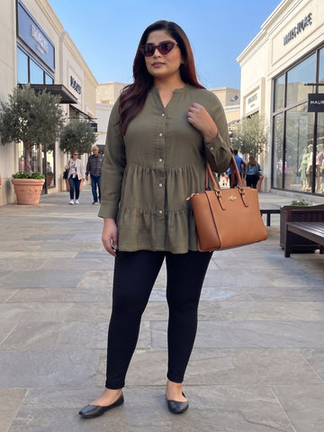 Plus Size Women's Pure Cotton V-Neck 3/4 Sleeves Tiered Button-Down Top | Sizes 3XL TO 8XL