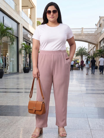 Plus Size Women's Solid Ribbed Stretch Palazzo with Elastic Waistband Nylon Elastane Fabric| Sizes 3XL-8XL