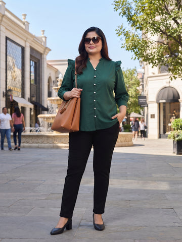 Plus Size Women's Pure Cotton Ruffle Shoulder Pearl Front Button V-Neck 3/4 Sleeve Top  Sizes 3XL-8XL