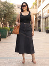 Plus Size Women's Black Denim Paneled Midi Trumpet Skirt with Contrast Seam Detail | Sizes 3XL-8XL