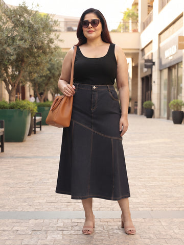 Plus Size Women's Black Denim Paneled Midi Trumpet Skirt with Contrast Seam Detail | Sizes 3XL-8XL