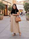 Plus Size Women's Black Denim Paneled Midi Trumpet Skirt with Contrast Seam Detail | Sizes 3XL-8XL