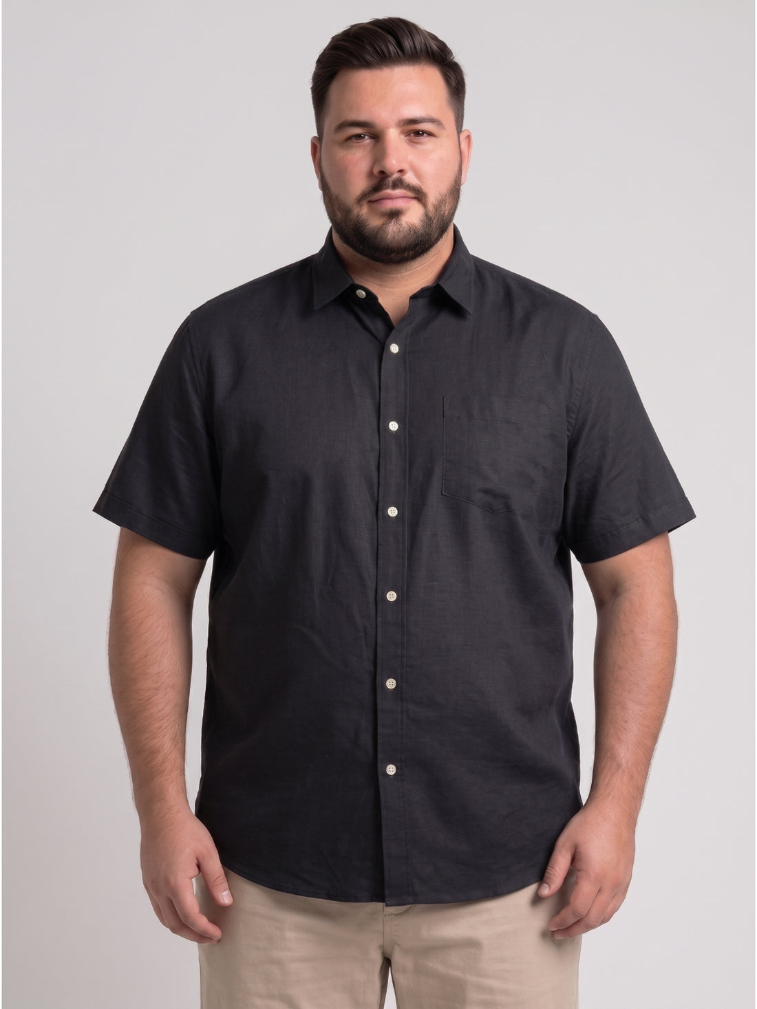 Plus Size Men's Black Solid Lightweight Pure Linen Short Sleeve Button-Down Casual Shirt | Sizes XXL to 8XL
