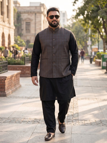 Plus Size Men's Mandarin Collar Checked Acrylic Sleeveless Nehru Jacket | Sizes 3XL to 8XL