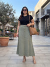 Plus Size Women's Black Denim Paneled Midi Trumpet Skirt with Contrast Seam Detail | Sizes 3XL-8XL