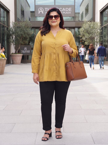 Plus Size Women's Pure Cotton V-Neck 3/4 Sleeves Tiered Button-Down Top | Sizes 3XL TO 8XL