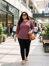 Plus Size Women's Maroon Printed Round Neck 3/4 Sleeve Printed T-Shirt | Sizes 3XL to 8XL