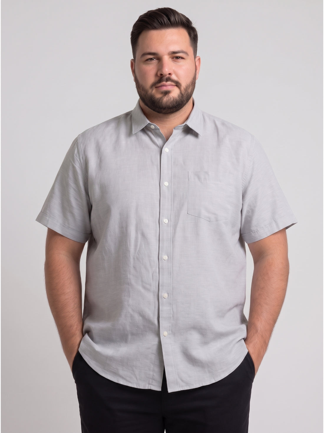 Plus Size Men's Grey Solid Lightweight Pure Linen Short Sleeve Button-Down Casual Shirt | Sizes XXL to 8XL