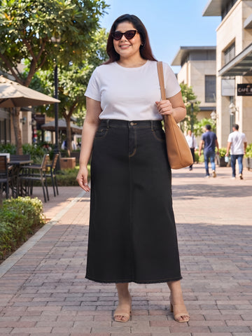 Plus Size Women's Black Denim Maxi Skirt Sizes 3XL to 8XL