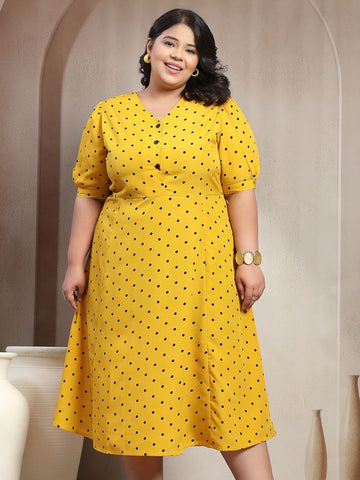 Plus Size Yellow & Black  Floral Print Mandarin Collar Dress